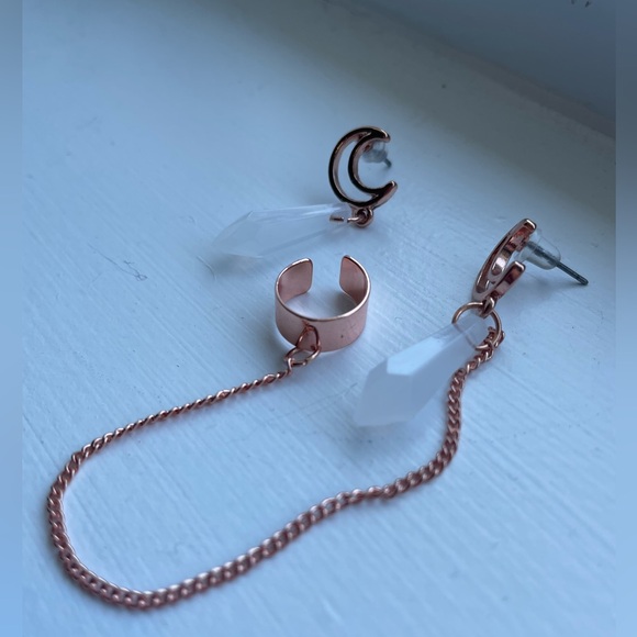 Rose Gold Moon Cuff Earring Set - Picture 3 of 6